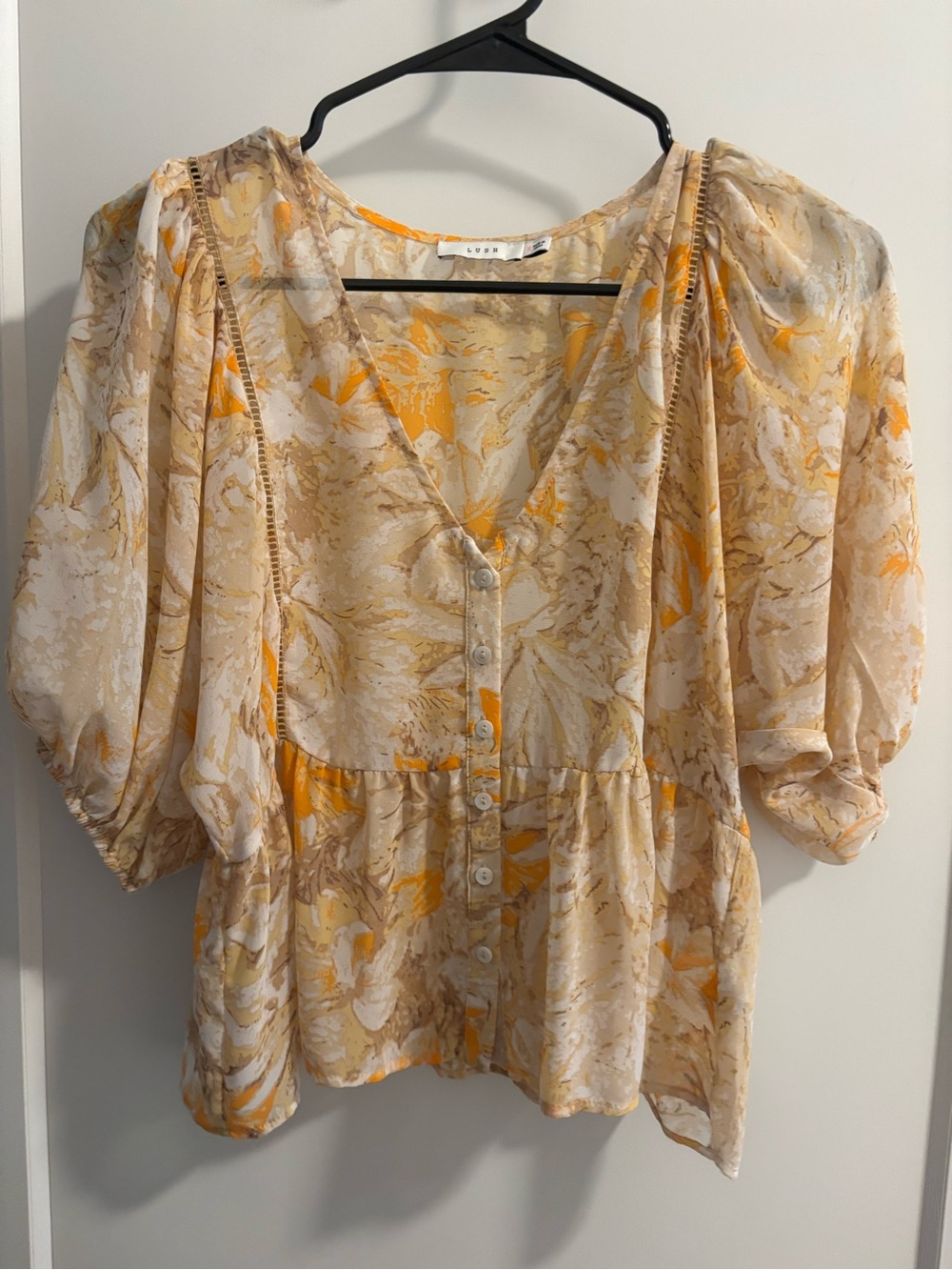 Lush Cream and Yellow Floral Button-Front Blouse